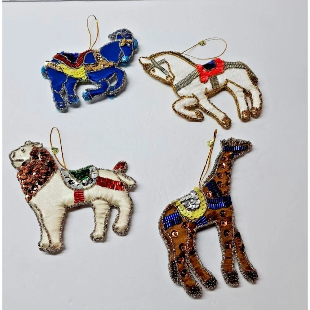 Four Animal Christmas Ornaments Satin Fabric Beaded Sequins Shiny Vintage Decor